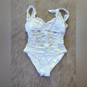 NWOT! BECCA White Lace Crochet One Piece Sheer Swimsuit